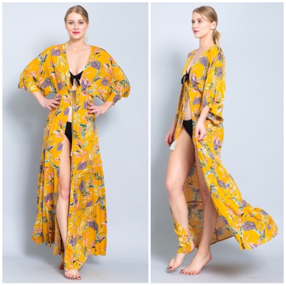Mustard Floral Maxi Kimono Coverup Wrap Duster - Picture 1 of 8